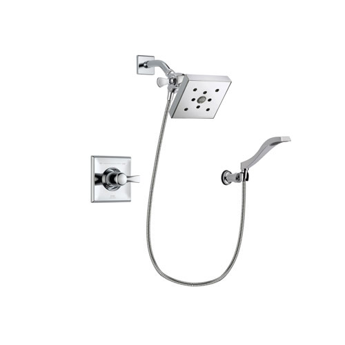 Delta Dryden Chrome Finish Shower Faucet System Package with Square Shower Head and Modern Handheld Shower Spray with Wall Bracket and Hose Includes Rough-in Valve DSP0040V