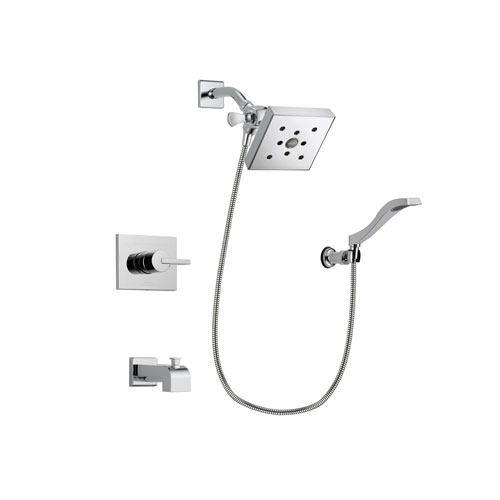 Delta Vero Chrome Finish Tub and Shower Faucet System Package with Square Shower Head and Modern Handheld Shower Spray with Wall Bracket and Hose Includes Rough-in Valve and Tub Spout DSP0042V