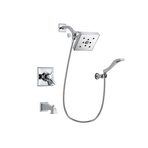 Delta Dryden Chrome Finish Dual Control Tub and Shower Faucet System Package with Square Shower Head and Modern Handheld Shower Spray with Wall Bracket and Hose Includes Rough-in Valve and Tub Spout DSP0045V