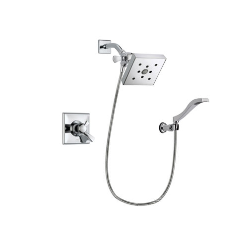 Delta Dryden Chrome Finish Dual Control Shower Faucet System Package with Square Shower Head and Modern Handheld Shower Spray with Wall Bracket and Hose Includes Rough-in Valve DSP0046V