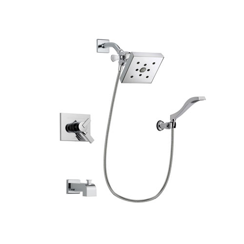 Delta Vero Chrome Finish Dual Control Tub and Shower Faucet System Package with Square Shower Head and Modern Handheld Shower Spray with Wall Bracket and Hose Includes Rough-in Valve and Tub Spout DSP0047V