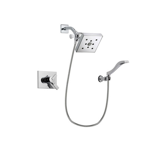 Delta Vero Chrome Finish Dual Control Shower Faucet System Package with Square Shower Head and Modern Handheld Shower Spray with Wall Bracket and Hose Includes Rough-in Valve DSP0048V