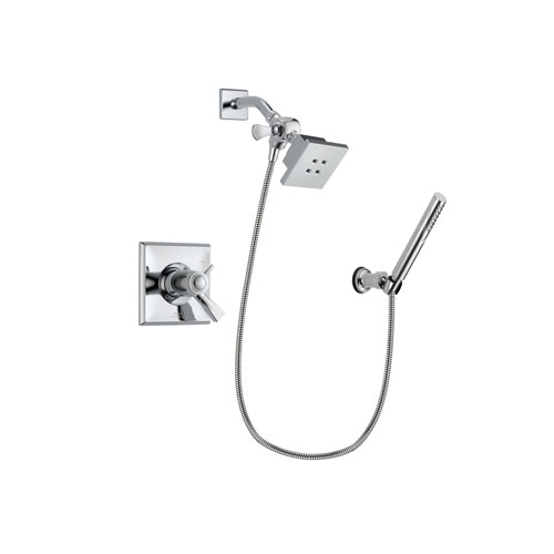 Delta Dryden Chrome Finish Thermostatic Shower Faucet System Package with Square Showerhead and Modern Handheld Shower Spray with Wall Bracket and Hose Includes Rough-in Valve DSP0049V