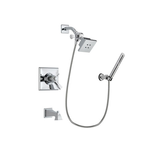 Delta Dryden Chrome Finish Thermostatic Tub and Shower Faucet System Package with Square Showerhead and Modern Handheld Shower Spray with Wall Bracket and Hose Includes Rough-in Valve and Tub Spout DSP0050V