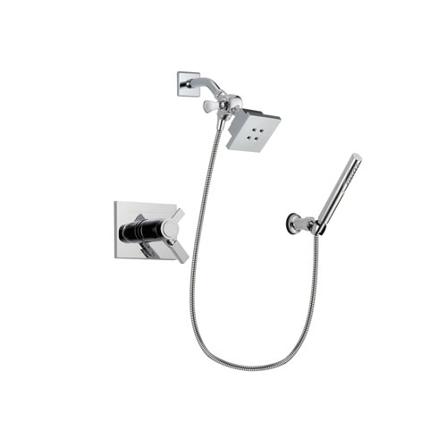 Delta Vero Chrome Finish Thermostatic Shower Faucet System Package with Square Showerhead and Modern Handheld Shower Spray with Wall Bracket and Hose Includes Rough-in Valve DSP0052V