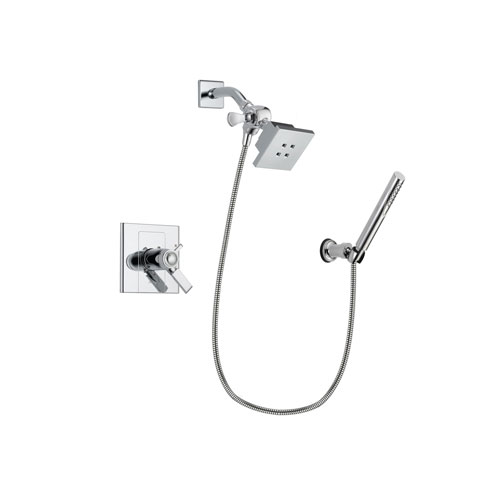 Delta Arzo Chrome Finish Thermostatic Shower Faucet System Package with Square Showerhead and Modern Handheld Shower Spray with Wall Bracket and Hose Includes Rough-in Valve DSP0053V