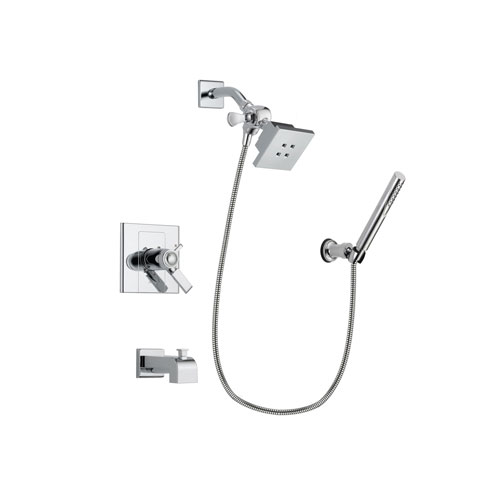 Delta Arzo Chrome Finish Thermostatic Tub and Shower Faucet System Package with Square Showerhead and Modern Handheld Shower Spray with Wall Bracket and Hose Includes Rough-in Valve and Tub Spout DSP0054V