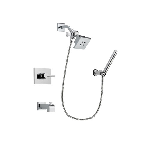 Delta Vero Chrome Finish Tub and Shower Faucet System Package with Square Showerhead and Modern Handheld Shower Spray with Wall Bracket and Hose Includes Rough-in Valve and Tub Spout DSP0058V