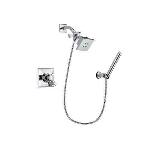 Delta Dryden Chrome Finish Dual Control Shower Faucet System Package with Square Showerhead and Modern Handheld Shower Spray with Wall Bracket and Hose Includes Rough-in Valve DSP0062V