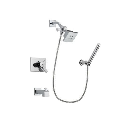 Delta Vero Chrome Finish Dual Control Tub and Shower Faucet System Package with Square Showerhead and Modern Handheld Shower Spray with Wall Bracket and Hose Includes Rough-in Valve and Tub Spout DSP0063V