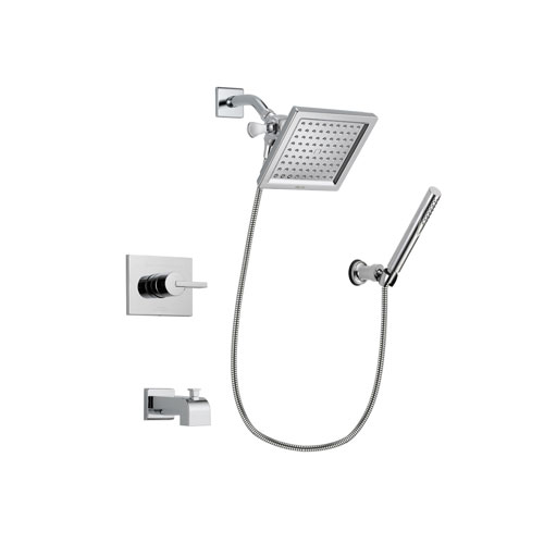 Delta Vero Chrome Finish Tub and Shower Faucet System Package with 6.5-inch Square Rain Showerhead and Modern Handheld Shower Spray with Wall Bracket and Hose Includes Rough-in Valve and Tub Spout DSP0074V