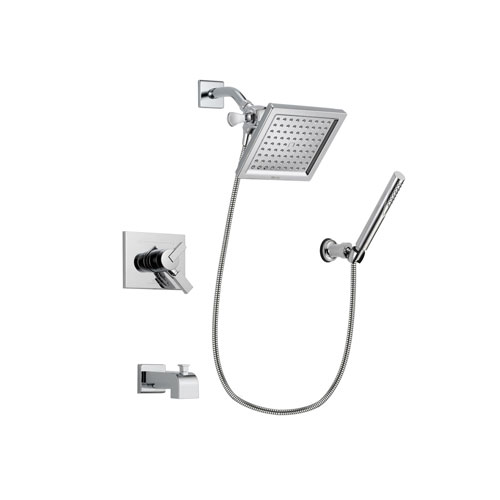 Delta Vero Chrome Finish Dual Control Tub and Shower Faucet System Package with 6.5-inch Square Rain Showerhead and Modern Handheld Shower Spray with Wall Bracket and Hose Includes Rough-in Valve and Tub Spout DSP0079V