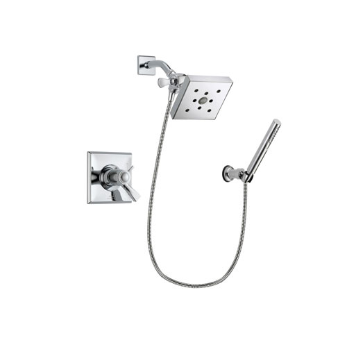 Delta Dryden Chrome Finish Thermostatic Shower Faucet System Package with Square Shower Head and Modern Handheld Shower Spray with Wall Bracket and Hose Includes Rough-in Valve DSP0081V