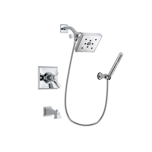 Delta Dryden Chrome Finish Thermostatic Tub and Shower Faucet System Package with Square Shower Head and Modern Handheld Shower Spray with Wall Bracket and Hose Includes Rough-in Valve and Tub Spout DSP0082V