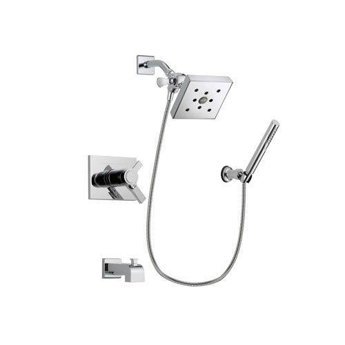Delta Vero Chrome Finish Thermostatic Tub and Shower Faucet System Package with Square Shower Head and Modern Handheld Shower Spray with Wall Bracket and Hose Includes Rough-in Valve and Tub Spout DSP0083V