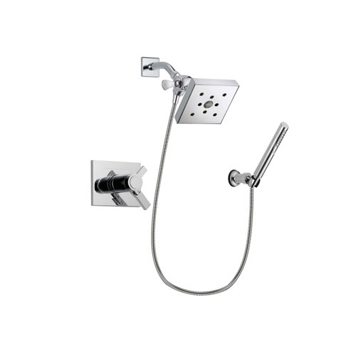 Delta Vero Chrome Finish Thermostatic Shower Faucet System Package with Square Shower Head and Modern Handheld Shower Spray with Wall Bracket and Hose Includes Rough-in Valve DSP0084V