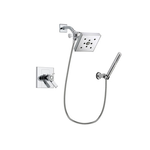 Delta Arzo Chrome Finish Thermostatic Shower Faucet System Package with Square Shower Head and Modern Handheld Shower Spray with Wall Bracket and Hose Includes Rough-in Valve DSP0085V