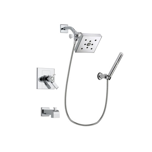 Delta Arzo Chrome Finish Thermostatic Tub and Shower Faucet System Package with Square Shower Head and Modern Handheld Shower Spray with Wall Bracket and Hose Includes Rough-in Valve and Tub Spout DSP0086V