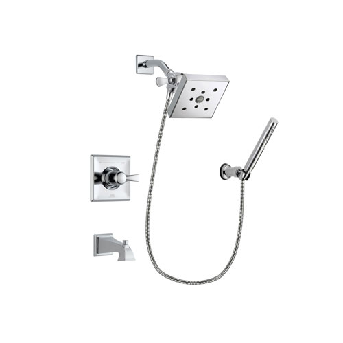 Delta Dryden Chrome Finish Tub and Shower Faucet System Package with Square Shower Head and Modern Handheld Shower Spray with Wall Bracket and Hose Includes Rough-in Valve and Tub Spout DSP0087V