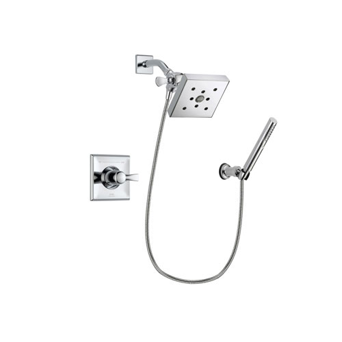 Delta Dryden Chrome Finish Shower Faucet System Package with Square Shower Head and Modern Handheld Shower Spray with Wall Bracket and Hose Includes Rough-in Valve DSP0088V