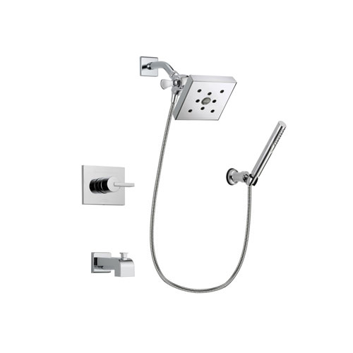 Delta Vero Chrome Finish Tub and Shower Faucet System Package with Square Shower Head and Modern Handheld Shower Spray with Wall Bracket and Hose Includes Rough-in Valve and Tub Spout DSP0090V