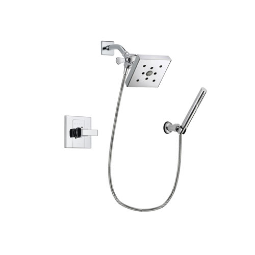 Delta Arzo Chrome Finish Shower Faucet System Package with Square Shower Head and Modern Handheld Shower Spray with Wall Bracket and Hose Includes Rough-in Valve DSP0092V
