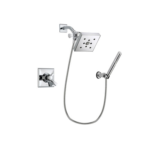 Delta Dryden Chrome Finish Dual Control Shower Faucet System Package with Square Shower Head and Modern Handheld Shower Spray with Wall Bracket and Hose Includes Rough-in Valve DSP0094V