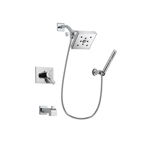 Delta Vero Chrome Finish Dual Control Tub and Shower Faucet System Package with Square Shower Head and Modern Handheld Shower Spray with Wall Bracket and Hose Includes Rough-in Valve and Tub Spout DSP0095V