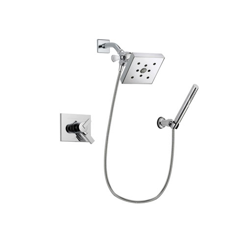 Delta Vero Chrome Finish Dual Control Shower Faucet System Package with Square Shower Head and Modern Handheld Shower Spray with Wall Bracket and Hose Includes Rough-in Valve DSP0096V