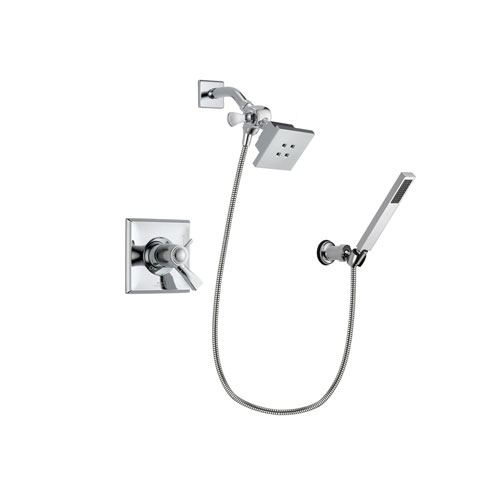 Delta Dryden Chrome Finish Thermostatic Shower Faucet System Package with Square Showerhead and Modern Handheld Shower Spray with Wall Bracket and Hose Includes Rough-in Valve DSP0097V