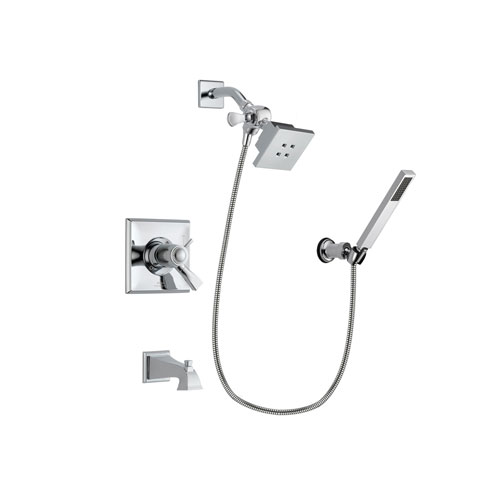 Delta Dryden Chrome Finish Thermostatic Tub and Shower Faucet System Package with Square Showerhead and Modern Handheld Shower Spray with Wall Bracket and Hose Includes Rough-in Valve and Tub Spout DSP0098V