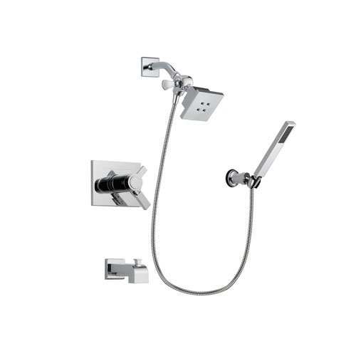 Delta Vero Chrome Finish Thermostatic Tub and Shower Faucet System Package with Square Showerhead and Modern Handheld Shower Spray with Wall Bracket and Hose Includes Rough-in Valve and Tub Spout DSP0099V