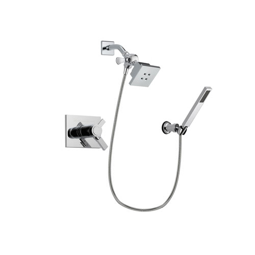 Delta Vero Chrome Finish Thermostatic Shower Faucet System Package with Square Showerhead and Modern Handheld Shower Spray with Wall Bracket and Hose Includes Rough-in Valve DSP0100V