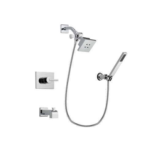 Delta Vero Chrome Finish Tub and Shower Faucet System Package with Square Showerhead and Modern Handheld Shower Spray with Wall Bracket and Hose Includes Rough-in Valve and Tub Spout DSP0106V