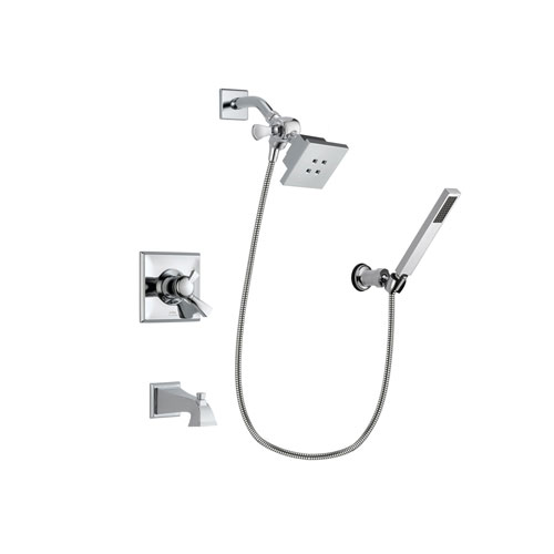 Delta Dryden Chrome Finish Dual Control Tub and Shower Faucet System Package with Square Showerhead and Modern Handheld Shower Spray with Wall Bracket and Hose Includes Rough-in Valve and Tub Spout DSP0109V