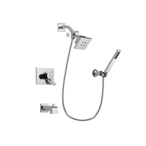 Delta Vero Chrome Finish Dual Control Tub and Shower Faucet System Package with Square Showerhead and Modern Handheld Shower Spray with Wall Bracket and Hose Includes Rough-in Valve and Tub Spout DSP0111V