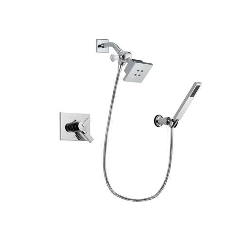Delta Vero Chrome Finish Dual Control Shower Faucet System Package with Square Showerhead and Modern Handheld Shower Spray with Wall Bracket and Hose Includes Rough-in Valve DSP0112V