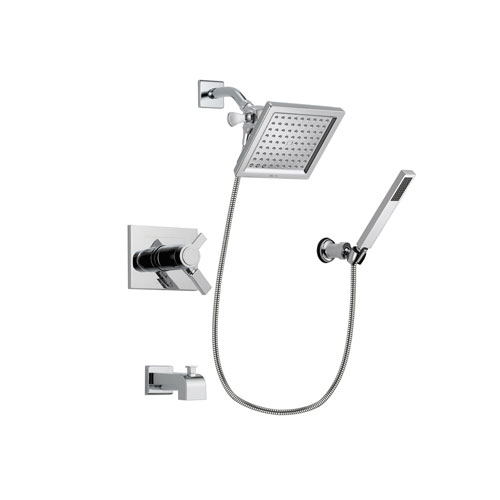 Delta Vero Chrome Finish Thermostatic Tub and Shower Faucet System Package with 6.5-inch Square Rain Showerhead and Modern Handheld Shower Spray with Wall Bracket and Hose Includes Rough-in Valve and Tub Spout DSP0115V