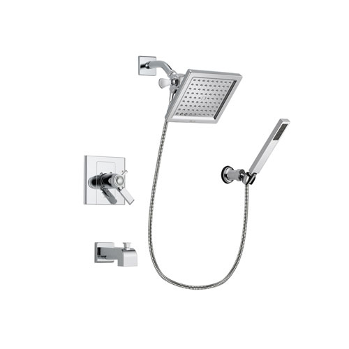 Delta Arzo Chrome Finish Thermostatic Tub and Shower Faucet System Package with 6.5-inch Square Rain Showerhead and Modern Handheld Shower Spray with Wall Bracket and Hose Includes Rough-in Valve and Tub Spout DSP0118V