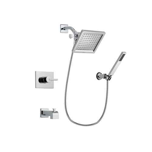 Delta Vero Chrome Finish Tub and Shower Faucet System Package with 6.5-inch Square Rain Showerhead and Modern Handheld Shower Spray with Wall Bracket and Hose Includes Rough-in Valve and Tub Spout DSP0122V