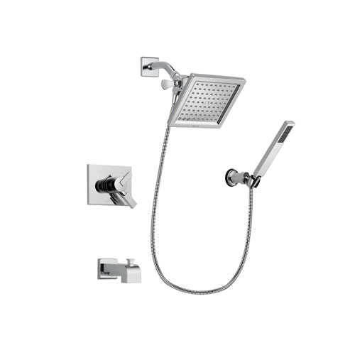 Delta Vero Chrome Finish Dual Control Tub and Shower Faucet System Package with 6.5-inch Square Rain Showerhead and Modern Handheld Shower Spray with Wall Bracket and Hose Includes Rough-in Valve and Tub Spout DSP0127V