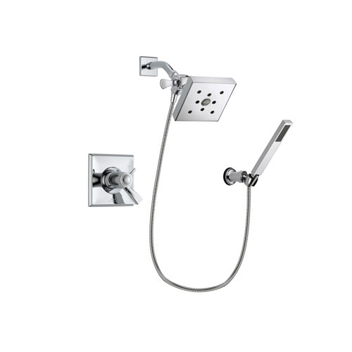 Delta Dryden Chrome Finish Thermostatic Shower Faucet System Package with Square Shower Head and Modern Handheld Shower Spray with Wall Bracket and Hose Includes Rough-in Valve DSP0129V