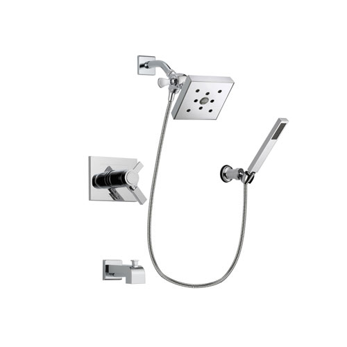 Delta Vero Chrome Finish Thermostatic Tub and Shower Faucet System Package with Square Shower Head and Modern Handheld Shower Spray with Wall Bracket and Hose Includes Rough-in Valve and Tub Spout DSP0131V
