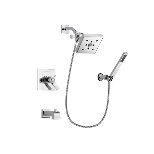 Delta Arzo Chrome Finish Thermostatic Tub and Shower Faucet System Package with Square Shower Head and Modern Handheld Shower Spray with Wall Bracket and Hose Includes Rough-in Valve and Tub Spout DSP0134V