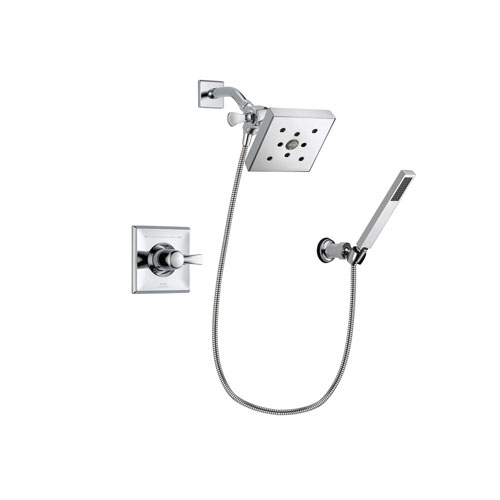 Delta Dryden Chrome Finish Shower Faucet System Package with Square Shower Head and Modern Handheld Shower Spray with Wall Bracket and Hose Includes Rough-in Valve DSP0136V