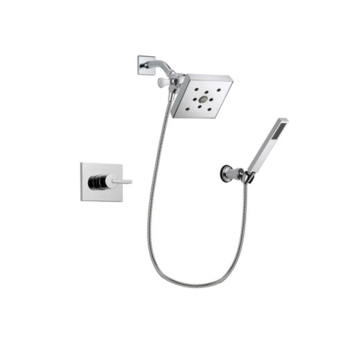 Delta Vero Chrome Finish Shower Faucet System Package with Square Shower Head and Modern Handheld Shower Spray with Wall Bracket and Hose Includes Rough-in Valve DSP0137V