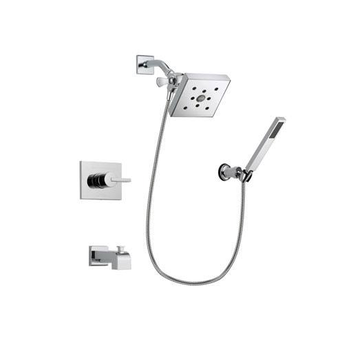 Delta Vero Chrome Finish Tub and Shower Faucet System Package with Square Shower Head and Modern Handheld Shower Spray with Wall Bracket and Hose Includes Rough-in Valve and Tub Spout DSP0138V