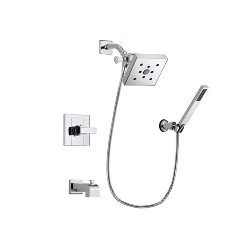 Delta Arzo Chrome Finish Tub and Shower Faucet System Package with Square Shower Head and Modern Handheld Shower Spray with Wall Bracket and Hose Includes Rough-in Valve and Tub Spout DSP0139V