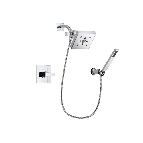 Delta Arzo Chrome Finish Shower Faucet System Package with Square Shower Head and Modern Handheld Shower Spray with Wall Bracket and Hose Includes Rough-in Valve DSP0140V