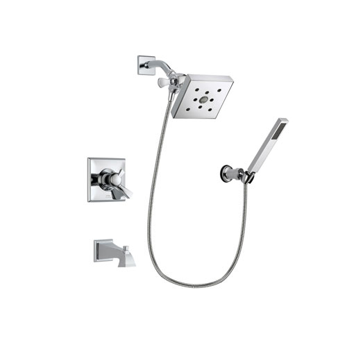 Delta Dryden Chrome Finish Dual Control Tub and Shower Faucet System Package with Square Shower Head and Modern Handheld Shower Spray with Wall Bracket and Hose Includes Rough-in Valve and Tub Spout DSP0141V
